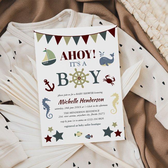 Cute Nautical Ahoy! Its A Boy Baby Shower Invitation