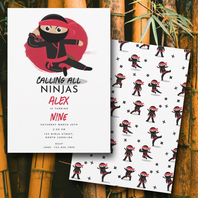 Cute Ninja Warrior Kids Black & Red Birthday Party Invitation