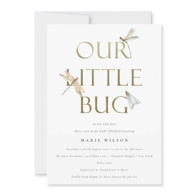 Cute Our Little Bug Gold Dragonfly Baby Shower Invitation