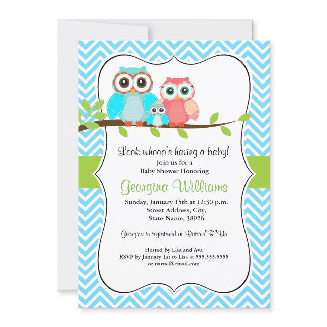 Cute Owl Baby Shower Invitation / Blue Green