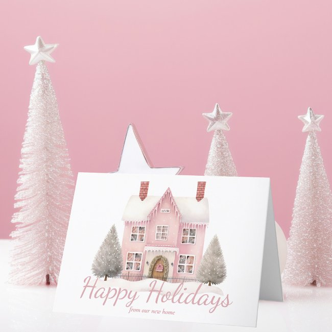 Cute Pink Christmas House New Home Address Holiday Invitations