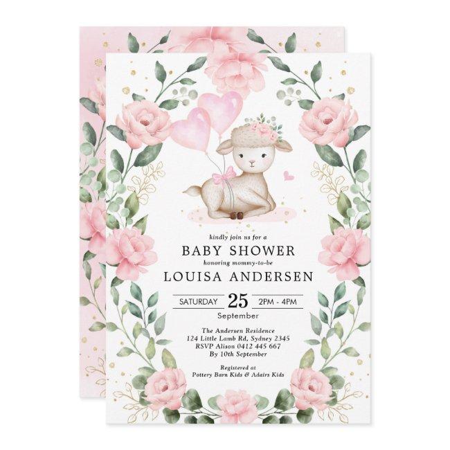 Cute Pink Floral Lamb Balloons Girl Baby Shower Invitation