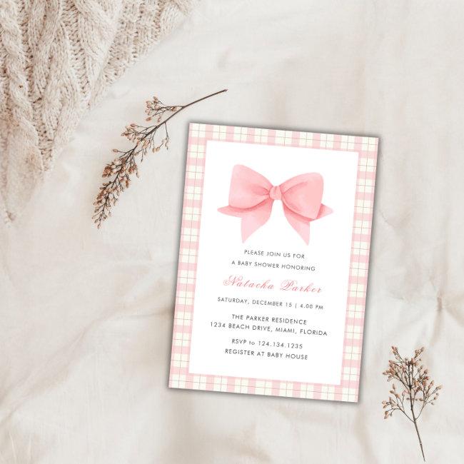 Cute Pink Gingham Plaid Bow Girl Baby Shower Invitation