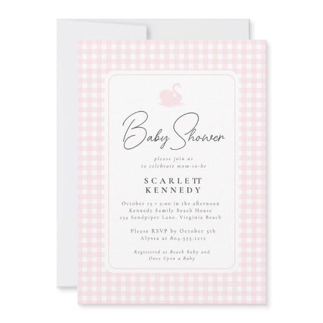 Cute Pink Gingham Swan Simple Baby Shower Invitation