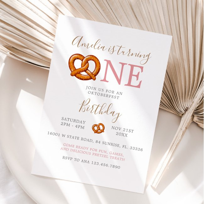 Cute Pink Octoberfest Pretzel Turning One Birthday Invitation
