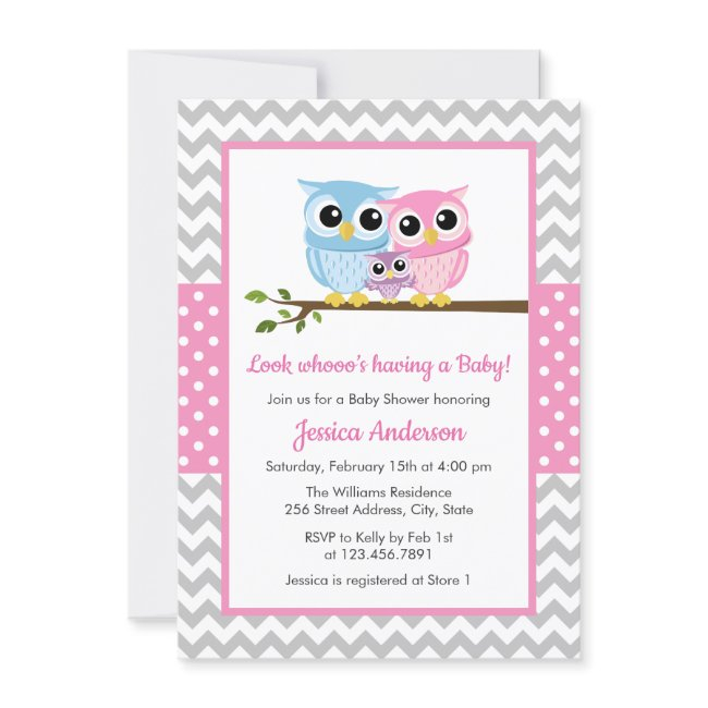 Cute Pink Owl Family Gray Chevron Girl Baby Shower Invitation