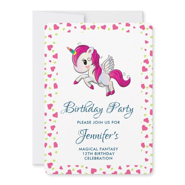 Cute Pink Unicorn With Wings Birthday Invitation