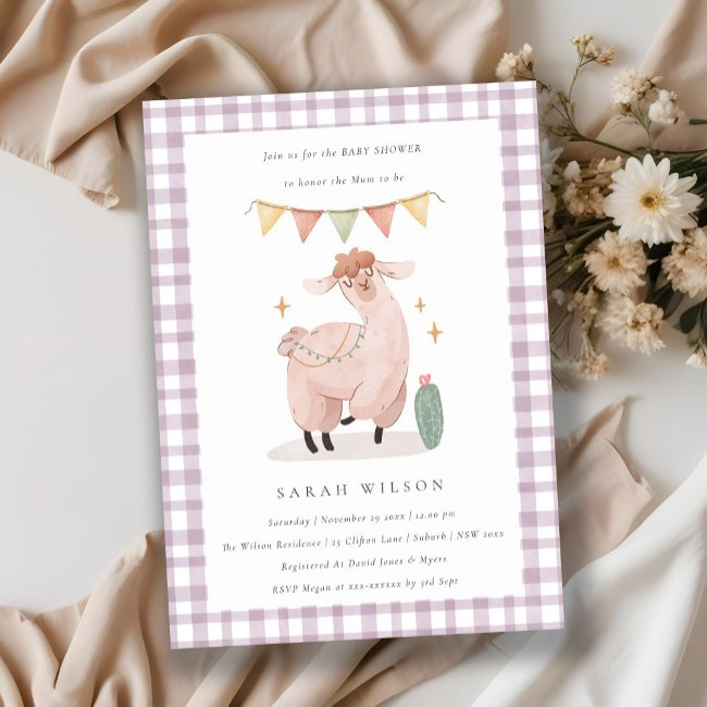 Cute Purple Cactus Boho Llama Baby Shower Invite