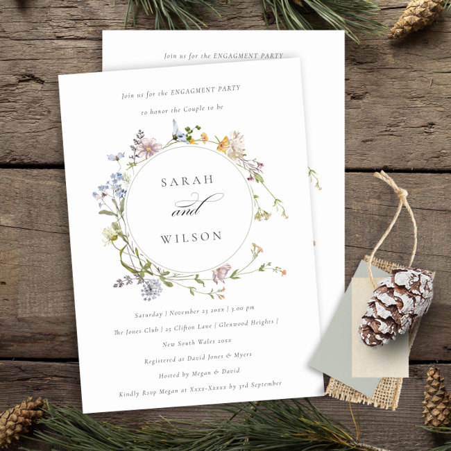 Cute Rustic Meadow Floral Wreath Engagement Invitation