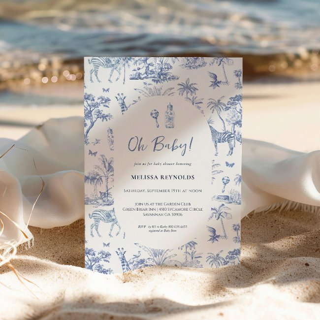 Cute Safari Toile De Jouy | Blue Baby Shower Invitation