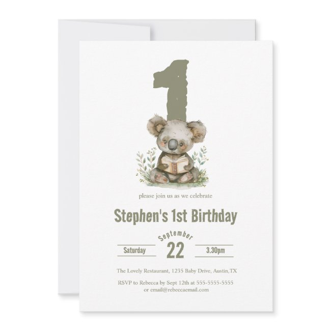 Cute Sage Green Koala Bear 1st Birthday Party Invitation