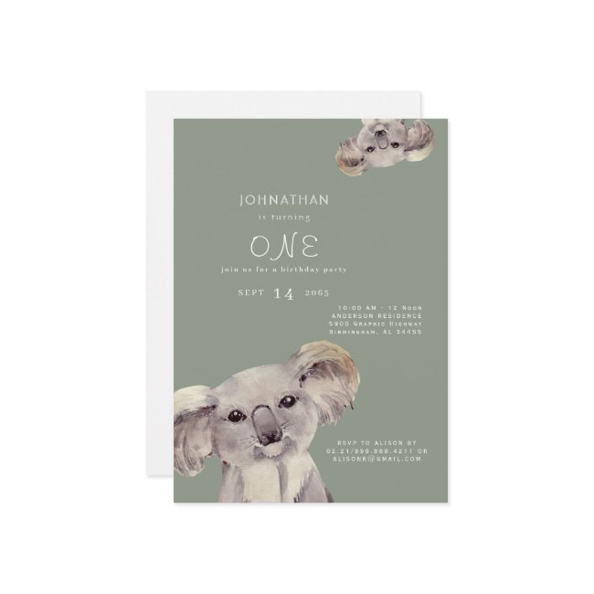 Cute Sage Koala Bear Birthday Party Invitation