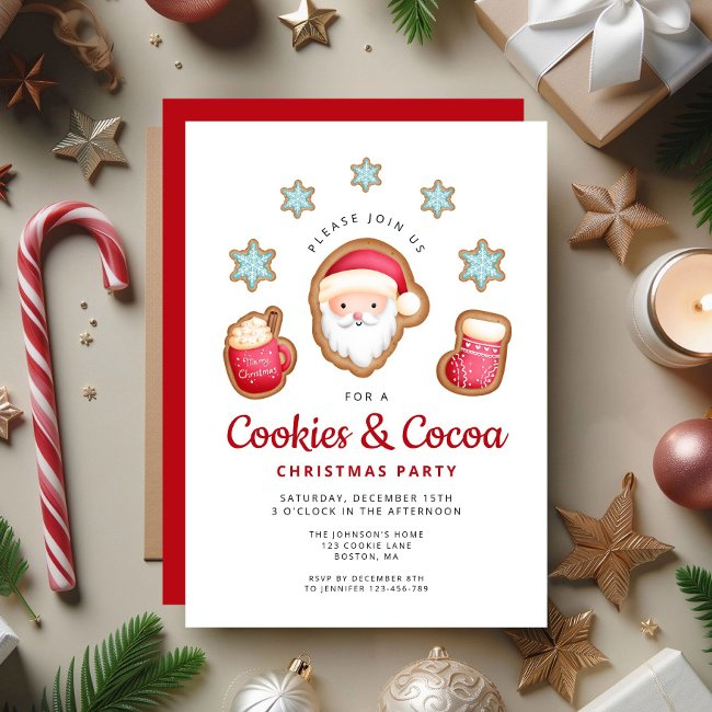 Cute Santa Cookies And Cocoa Christmas Party Invitation