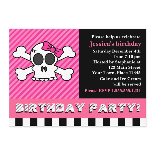 Cute Skull W/ Bow Birthday Party - Pink Invitation