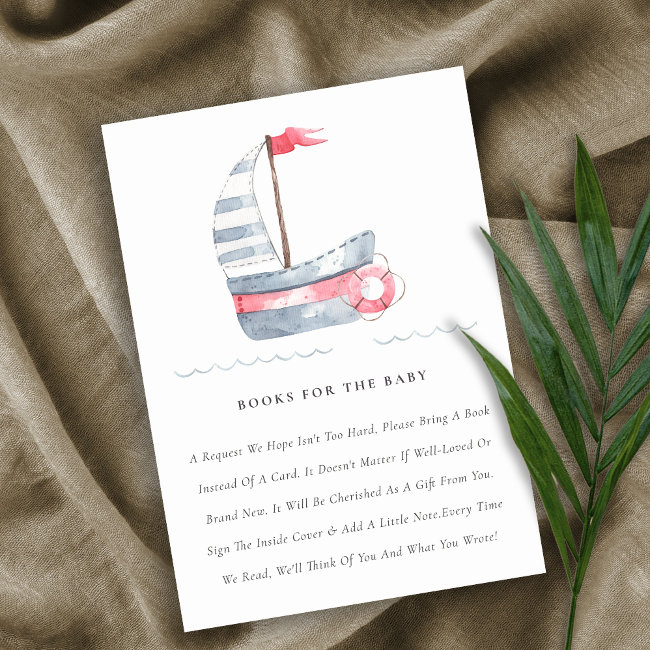 Cute Soft Red Blue Sailboat Books For Baby Shower Enclosure Invitations