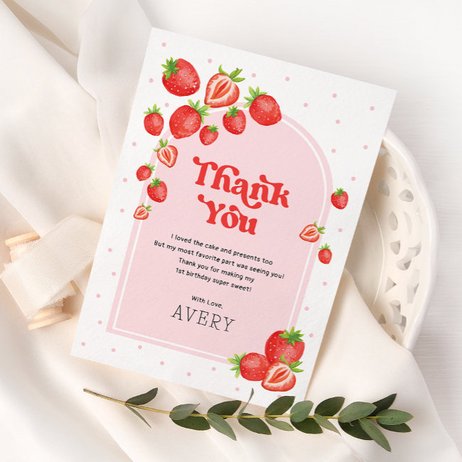Cute Strawberry Berry First 1st Birthday Thank You Invitations