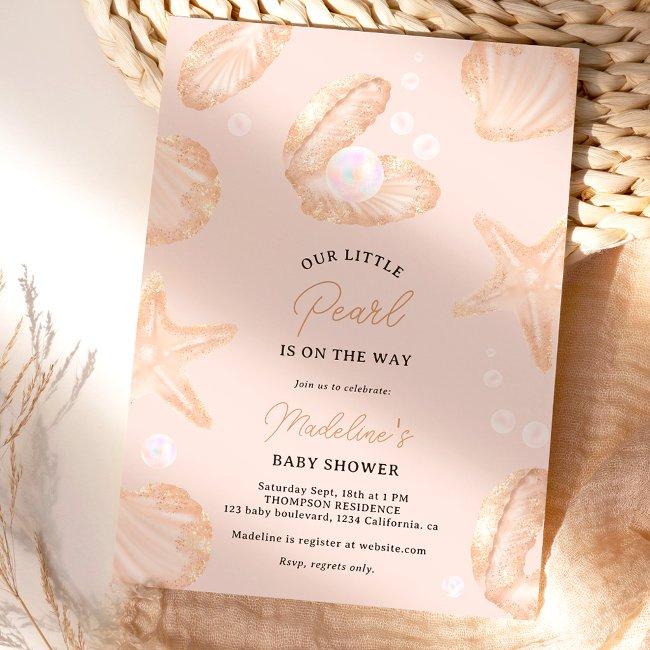 Cute Summer Ocean Little Pearl Baby Shower Invitation