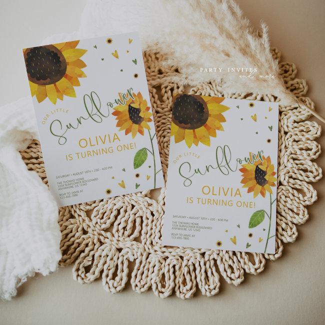 Cute Sunflower First Birthday Party Invitation