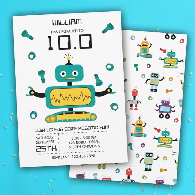 Cute Teal Robot Theme Kids Robots Birthday Party Invitation