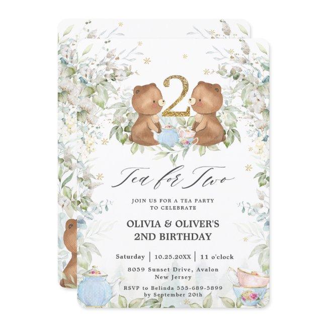 Cute Teddy Bears Tea For Two 2nd Birthday Party Invitation