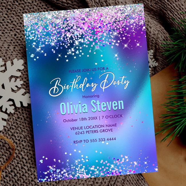 Cute Turquoise Purple Faux Glitter Monogram Invitation