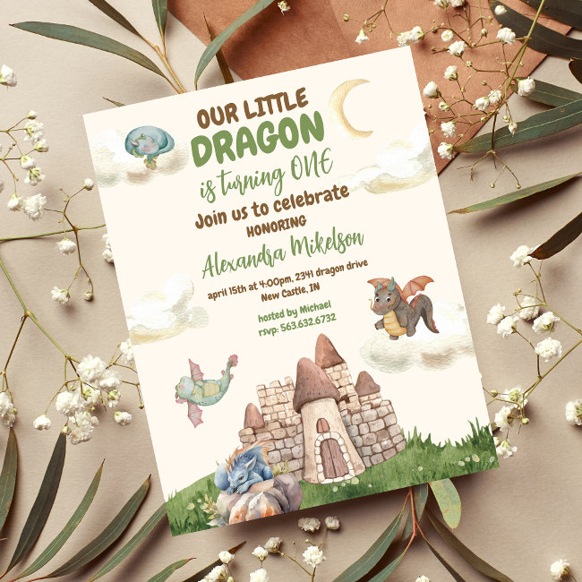 Cute Watercolor Dragon Baby 1st Birthday Invitation