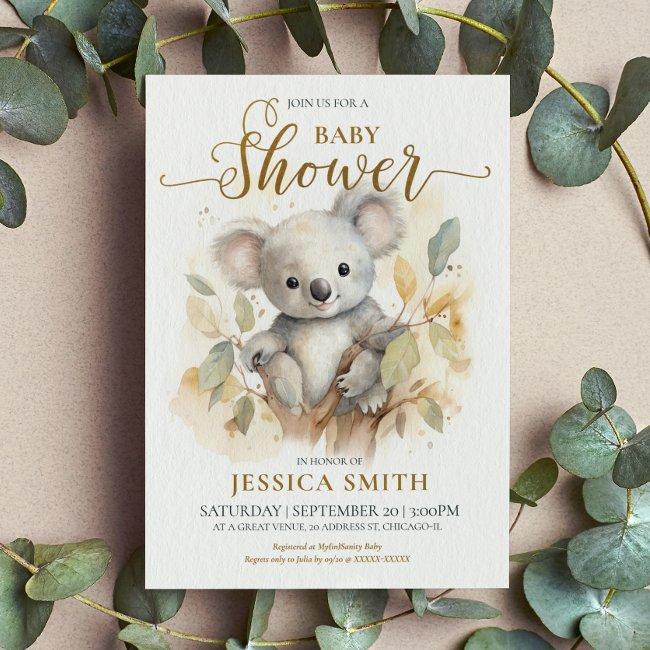 Cute Watercolor Koala Bear Baby Shower Invitation