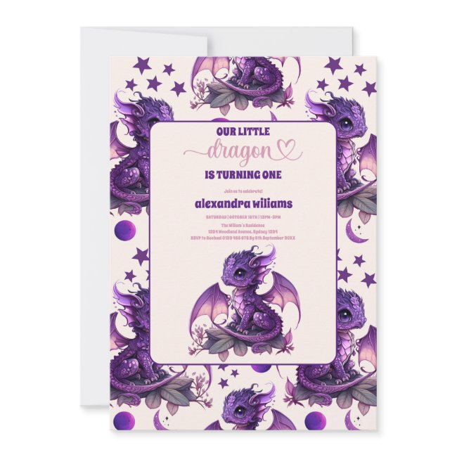 Cute Watercolor Purple Dragon 1st Birthday Invitation