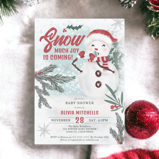 Cute Winter Green Pine Ice Snowman Baby Shower Invitation