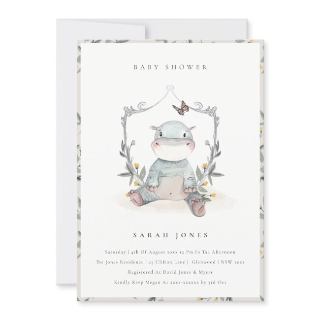 Cute Yellow Baby Hippo Foliage Baby Shower Invite