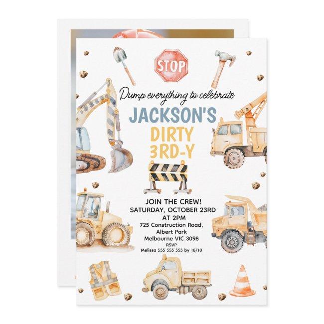 Cute Yellow Photo Construction Dirty 3rdy Birthday Invitation