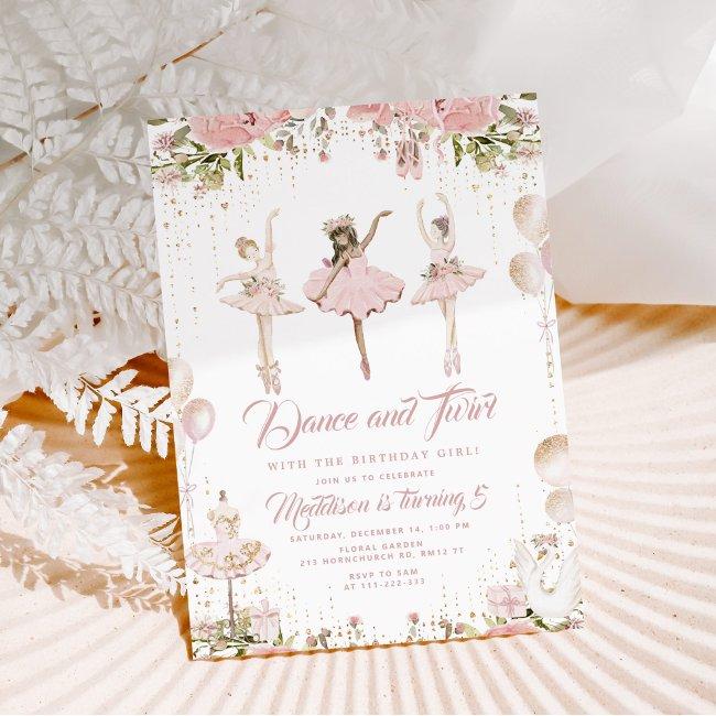 Dance And Twirl Ballerina Blush Pink Birthday Invitation