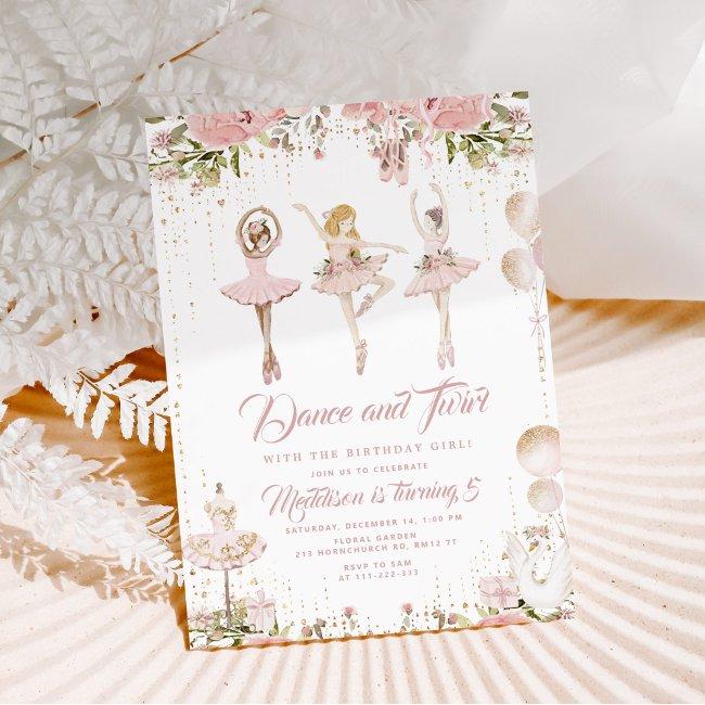Dance And Twirl Ballerina Blush Pink Girl Birthday Invitation