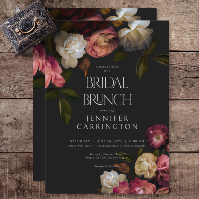 Dark Burgundy & Cream Peonies Black Bridal Brunch Invitation