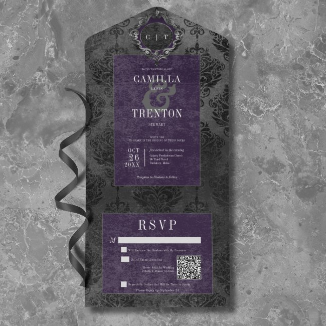 Dark Gothic Black & Purple Damask Qr Code All In One Invitation