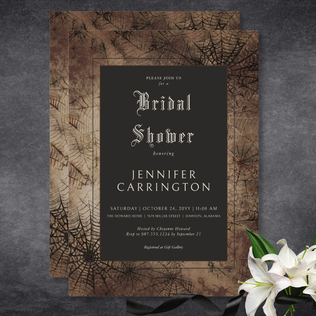 Dark Gothic Brown & Black Spider Web Bridal Shower Invitation