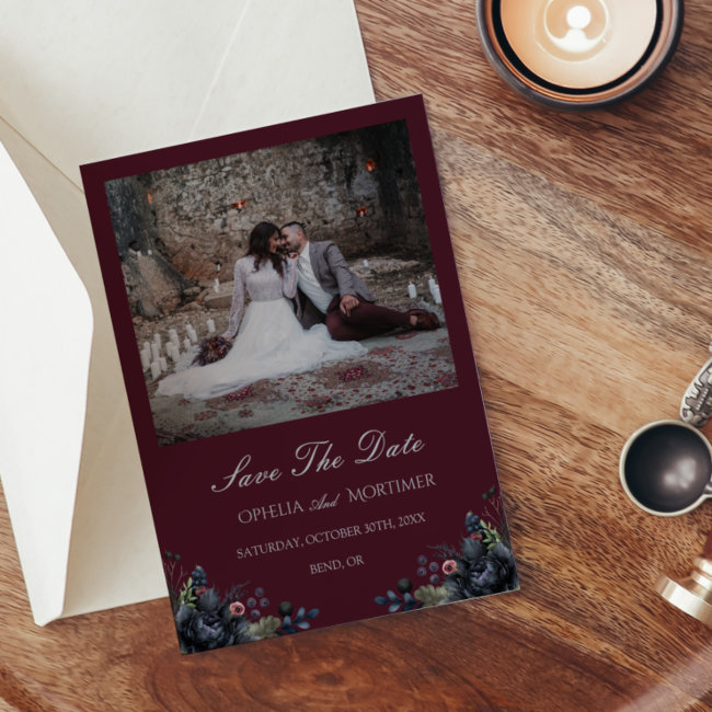 Dark Gothic Floral Burgundy Wedding Photo Save The Date