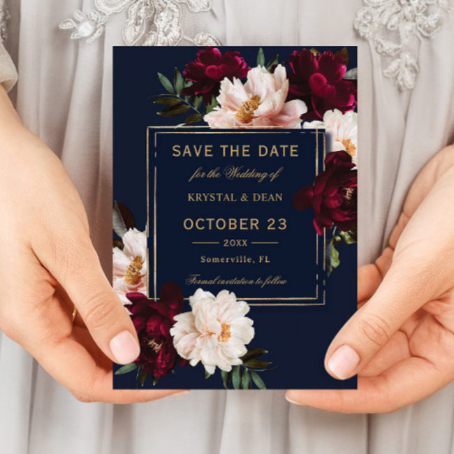 Dark Moody Burgundy Blush Navy Blue Floral Wedding Save The Date