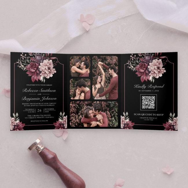 Dark Moody Floral Frame Black Qr Code Wedding Tri-fold Invitation
