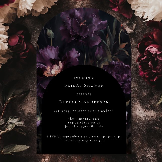 Dark Moody Purple Gothic Floral Bridal Shower Arch Invitation