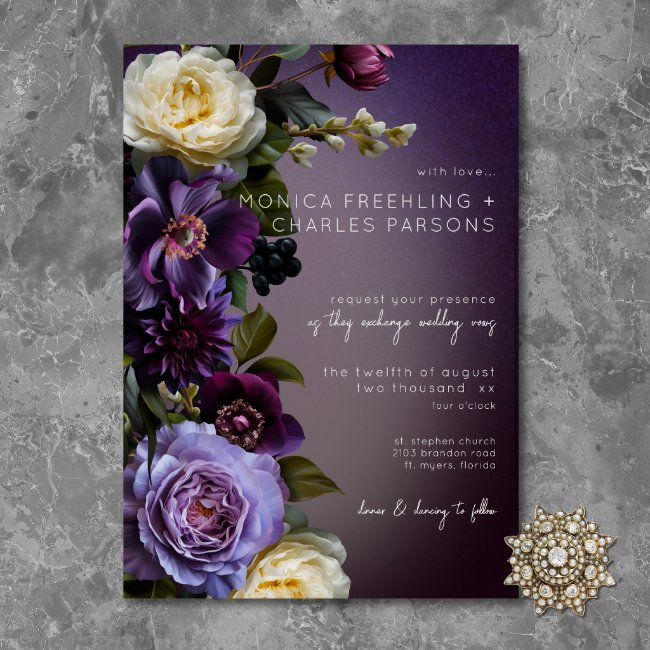 Dark Moody Purple Lavender Floral Modern Wedding Invitation