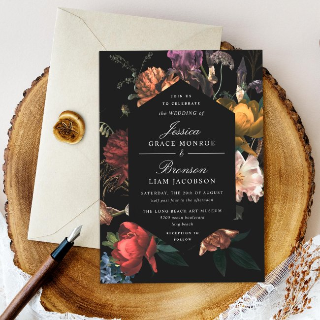 Dark Moody Romantic Floral Dutch Painterly Wedding Invitation