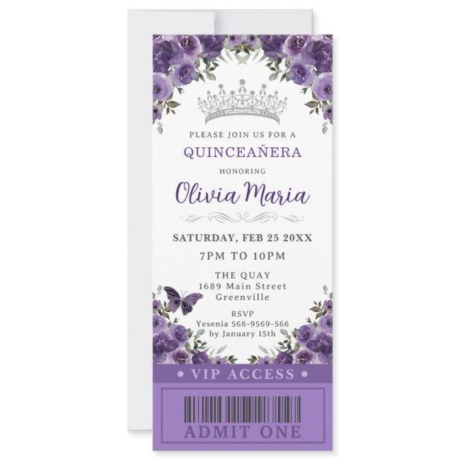 Dark Purple Plum Floral Quinceañera Vip Ticket Invitation