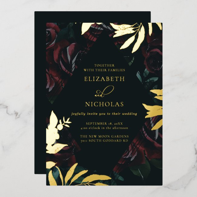 Dark Velvet Burgundy Rose | Autumn Winter Wedding Foil Invitation