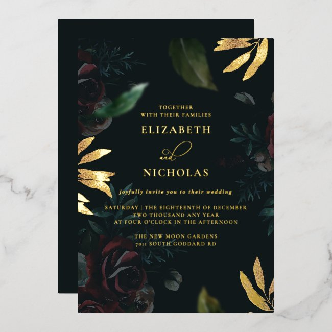 Dark Velvet Burgundy Rose | Autumn Winter Wedding Foil Invitation