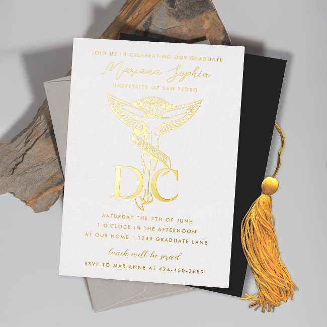 Dc Doctor Of Chiropractic Graduation Caduceus Gold Foil Invitation