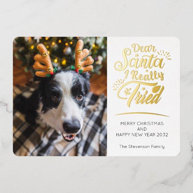 Dear Santa I Tried Dog Photo Fun Christmas Gold Foil Holiday Invitations