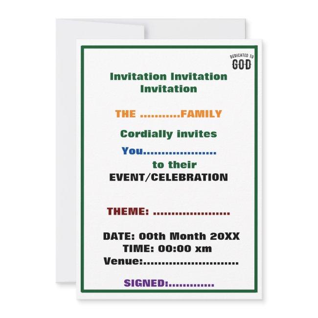 Dedicated To God Cool Customizable Black Text Invitation
