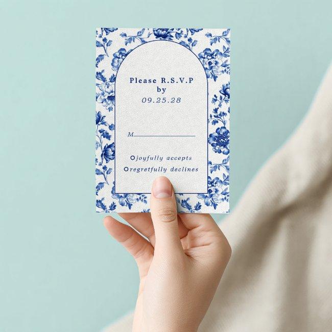 Delftware-inspired Blue Floral Arch Response Rsvp