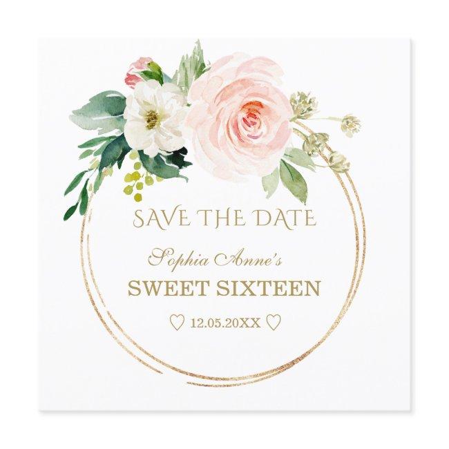 Delicate Blush White Flowers Gold Sweet Sixteen Save The Date